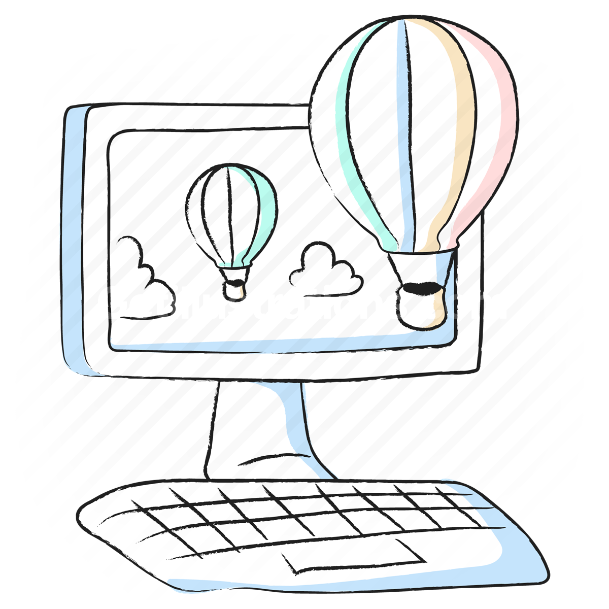 computer, device, monitor, screen, hot air balloon, travelling, lift off